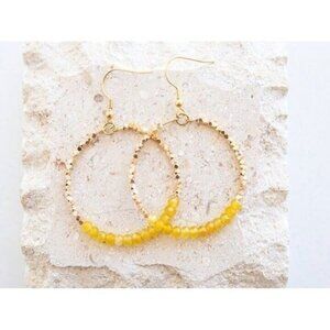 Yellow Onyx Gemstone Dangle Hoop Earrings Sparkly Gold Beaded Hoops Waterproof